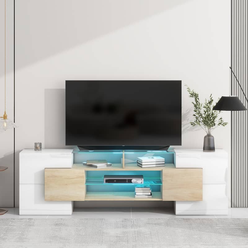 Unique Shape TV Stand with 2 Illuminated Glass Shelves