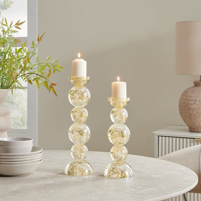 Enya Champagne Gold Tint Bubble Glass Stacked Orb Pillar Candle Holder Set of 2