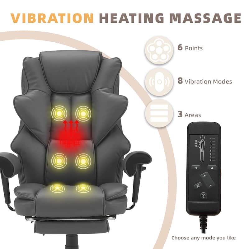 Ergonomic 6-Point Massage Office Chair with Heating, Reclining Function, Retractable Footrest, and Adjustable Armrests