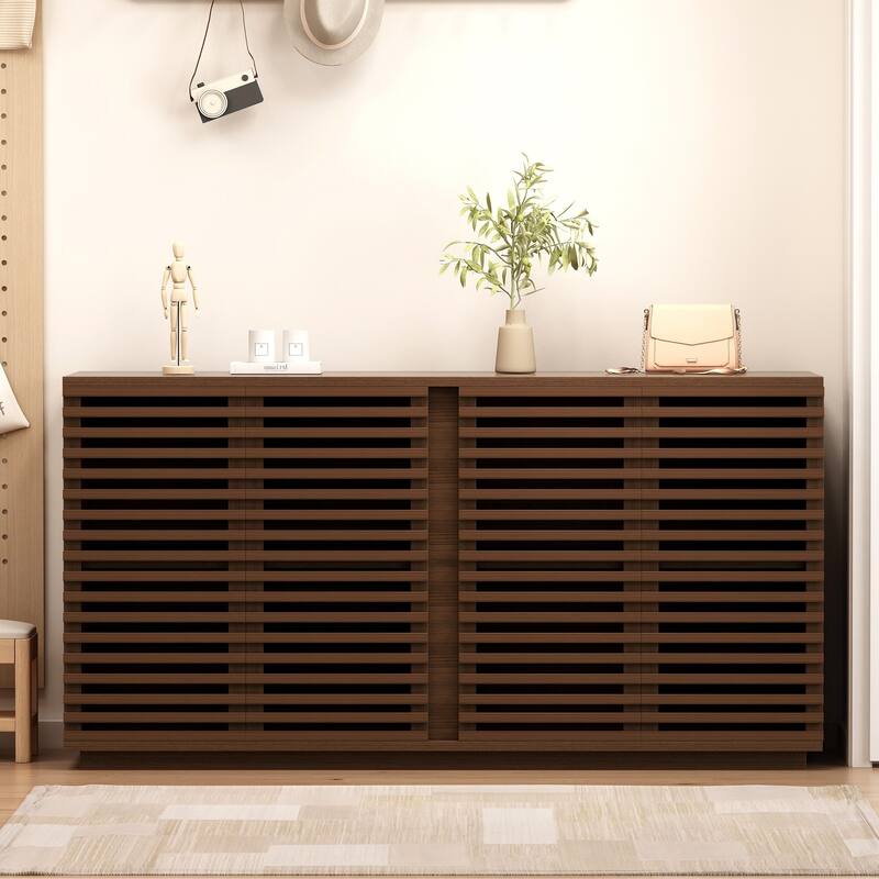 Wooden Slatted Sideboard Storage Cabinet TV Console Cabinet, Buffet Cabinet Kitchen Cabinet with Adjustable Shelf