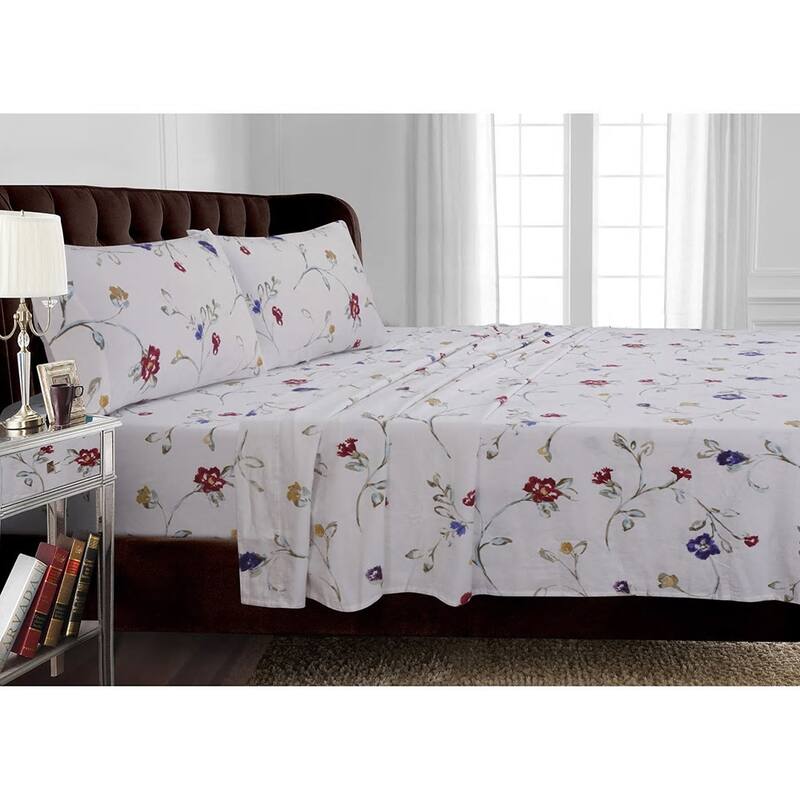 Flannel 170-GSM Printed Extra Deep Pocket Bed Sheet Set - Queen - Floral Garden