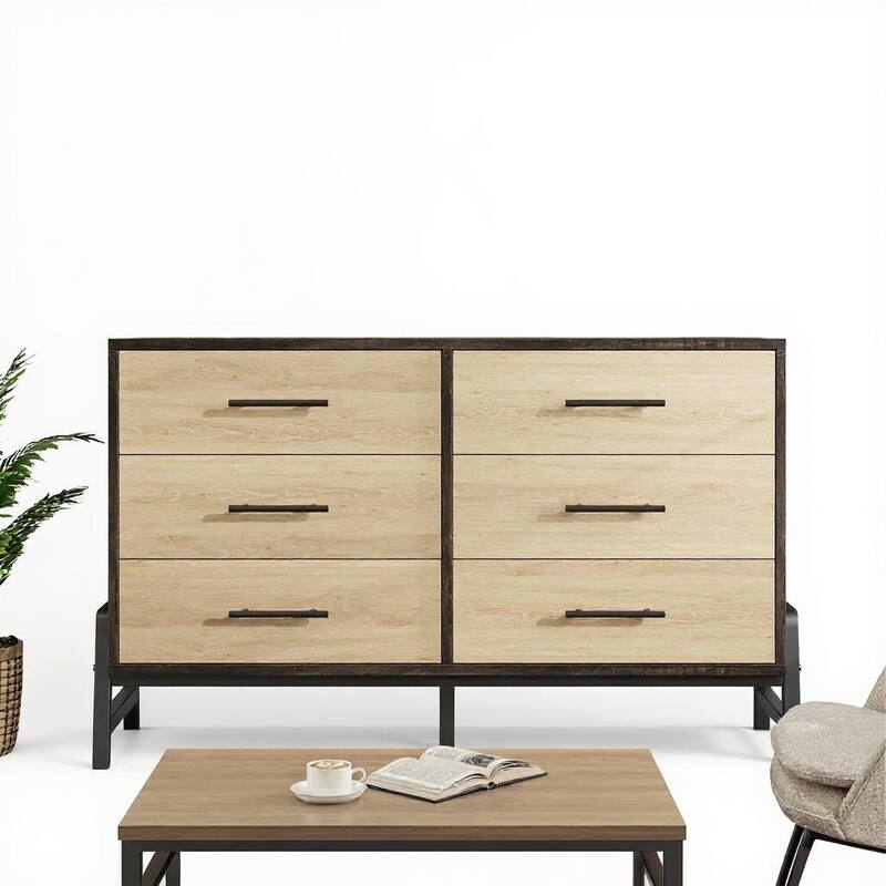 6 Drawers Dresser, with R-Shaped Legs, 52" - Natural+Black