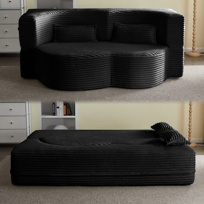 Floor Sofa With 2 Pillows,Convertible Plush Corduroy Foam-Filled Sleeper Sofa Bed,15" Full Size Folding Mattress,Guest Bed