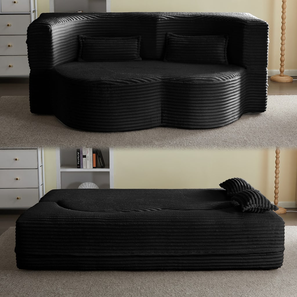 Floor Sofa With 2 Pillows,Convertible Plush Corduroy Foam-Filled Sleeper Sofa Bed,15" Full Size Folding Mattress,Guest Bed