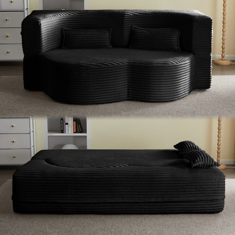 Full Size Floor Sleeper Sofa - 15" Folding Mattress, No Assembly Corduroy Sofa Bed with 2 Pillows - Black