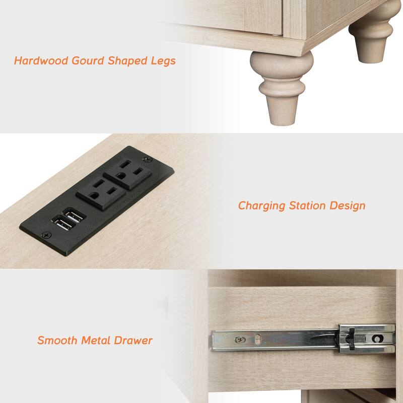Set of 2 End Tables with Charging Station & Drawer Storage Cabinet