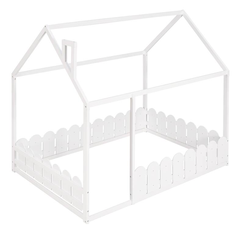 Espresso Full Size Wood House Bed Frame with Fence, No Slats Included