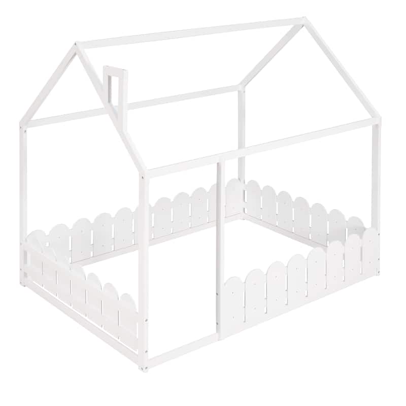 Full Size Wood House Bed Frame with Fence for Kids and Teens, White