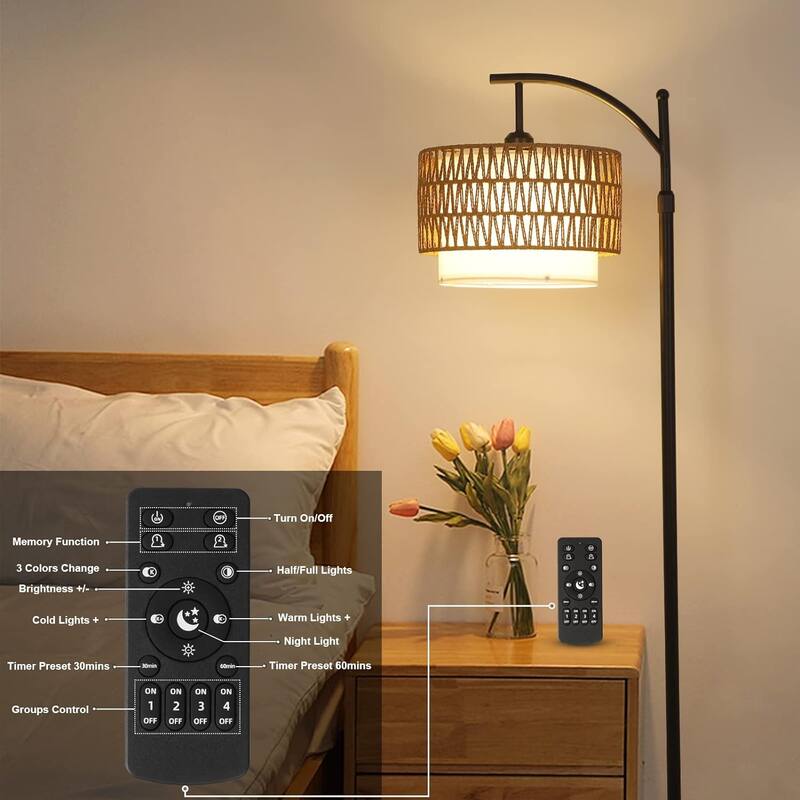 Arc Floor Lamp with 3 Color Temperatures,Remote & Dimmable Bulb,Standing Lamp with Rattan & Fabric Shades,Adjustable Tall Lamp