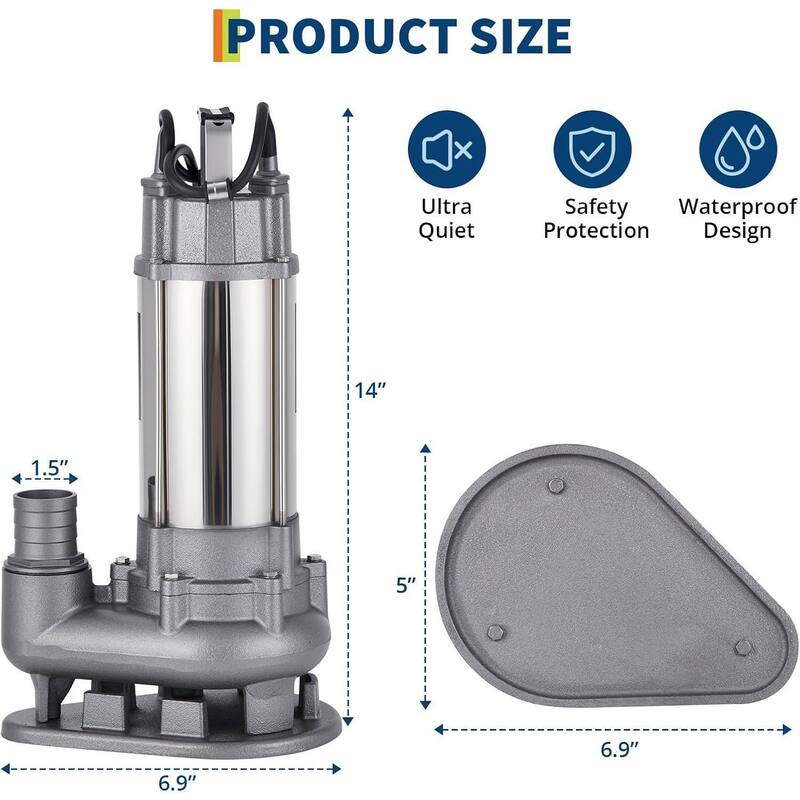 70.4GPH/ 4200GPM Heavy Duty Cast Iron Submersible Sewage & Effluent Pump, Max Head 36.09ft - N/A