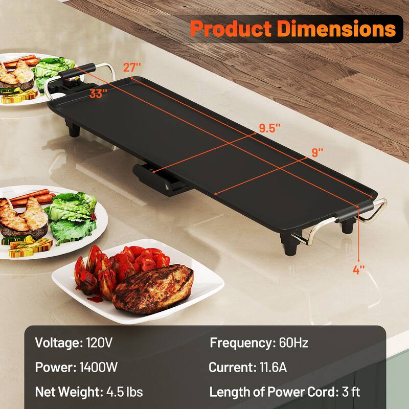 Portable Black Aluminum Electric Griddle with Adjustable Temp and Flat Top Grill for Indoor or Outdoor Use