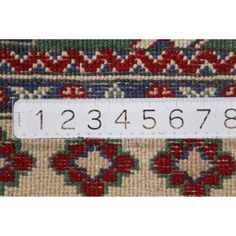 Green Geometric Kazak Foyer Rug Hand-Knotted Wool Carpet - 3'3" x 4'10"