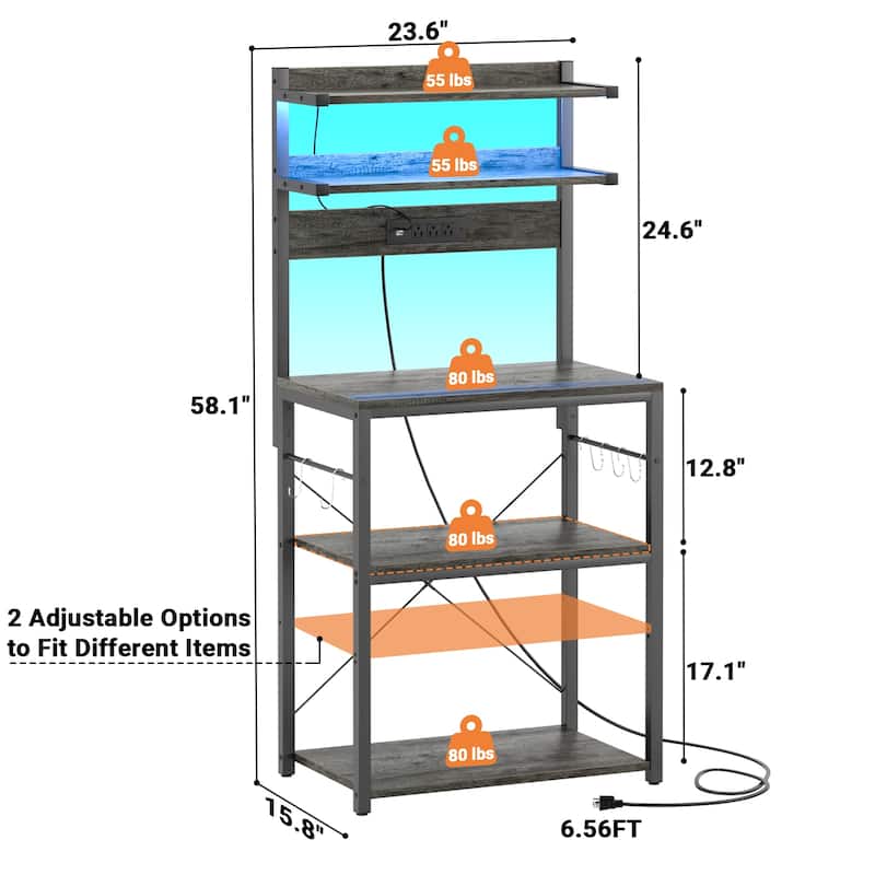 Bakers Rack Kitchen Storage Shelf with Power Outlets and RGB LED Lights,5 Tiers Coffee Bar Station,Microwave Stand