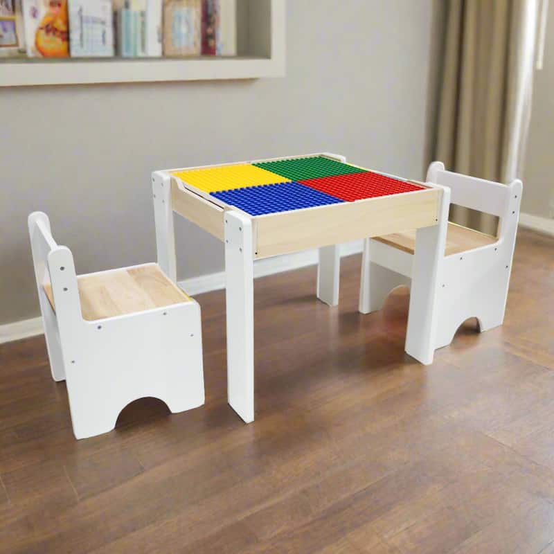 Teamson Kids Wooden Multi-Activity Table with Dry-Erase & Building Block Surface Play Table & Chairs for Toddlers & Kids Room