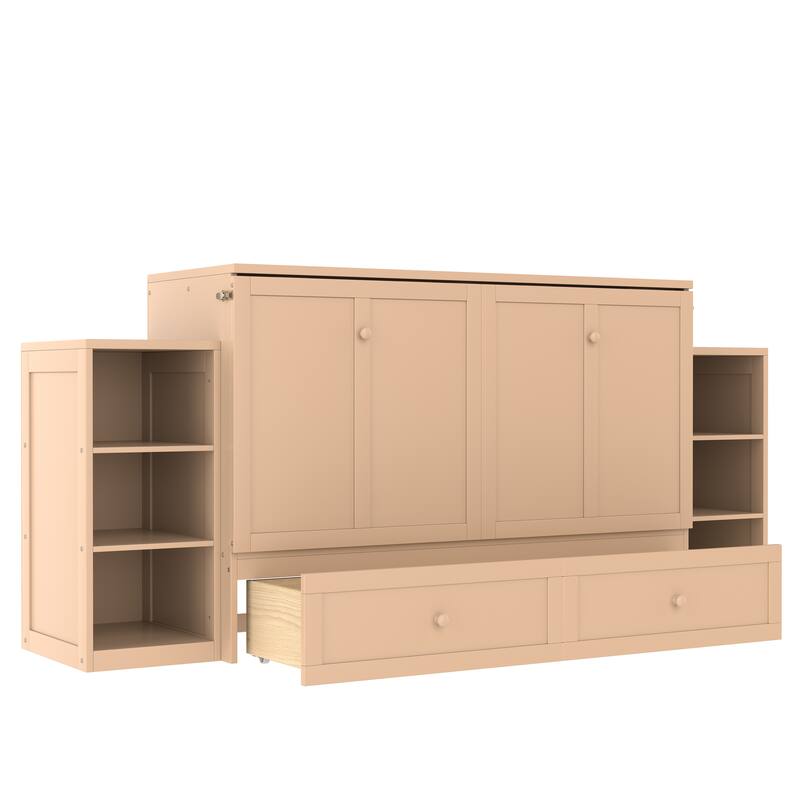 Queen Murphy Bed with Storage Drawers & Shelves for Guest Room