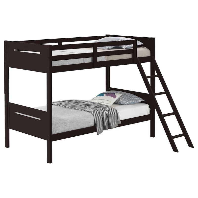 Modern Twin/Twin Bunk Bed with Angled Ladder and Guardrails