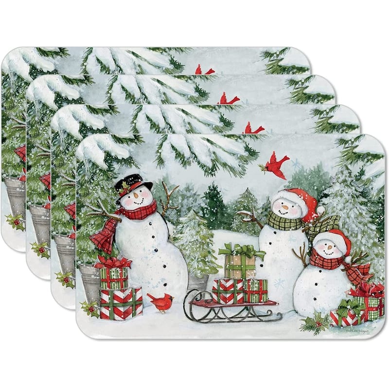 CounterArt Snowman's Farmhouse Reversible Easy Care Flexible Plastic Placemat 4 Pack Made in The USA - Set of 4
