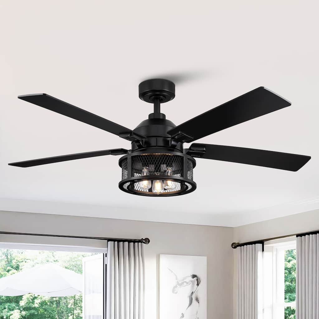 52" Industrial Reversible Wood 5-Blade Black Ceiling Fan with Light Kit and Remote