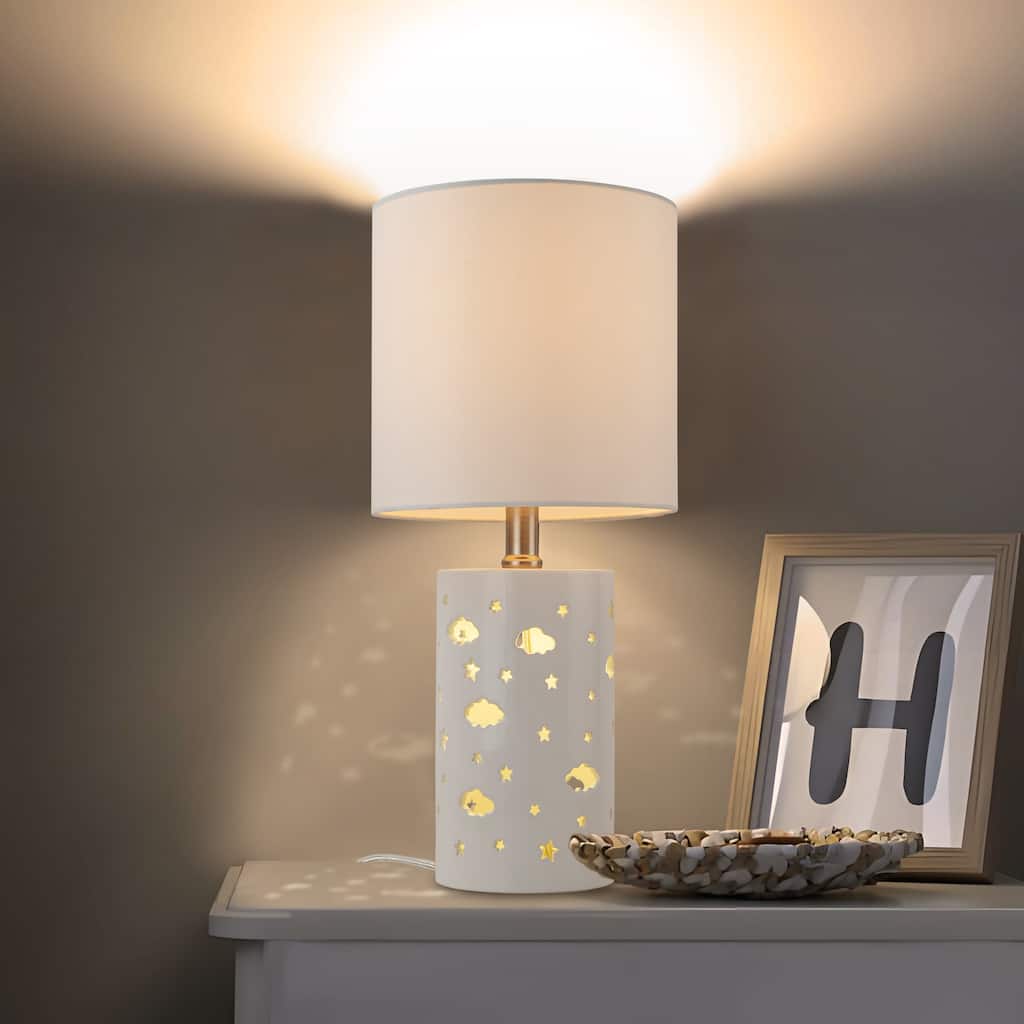 C Cattleya 17.5in 1-Light Starry Table Lamp with White Ceramic Base and Fabric Shade
