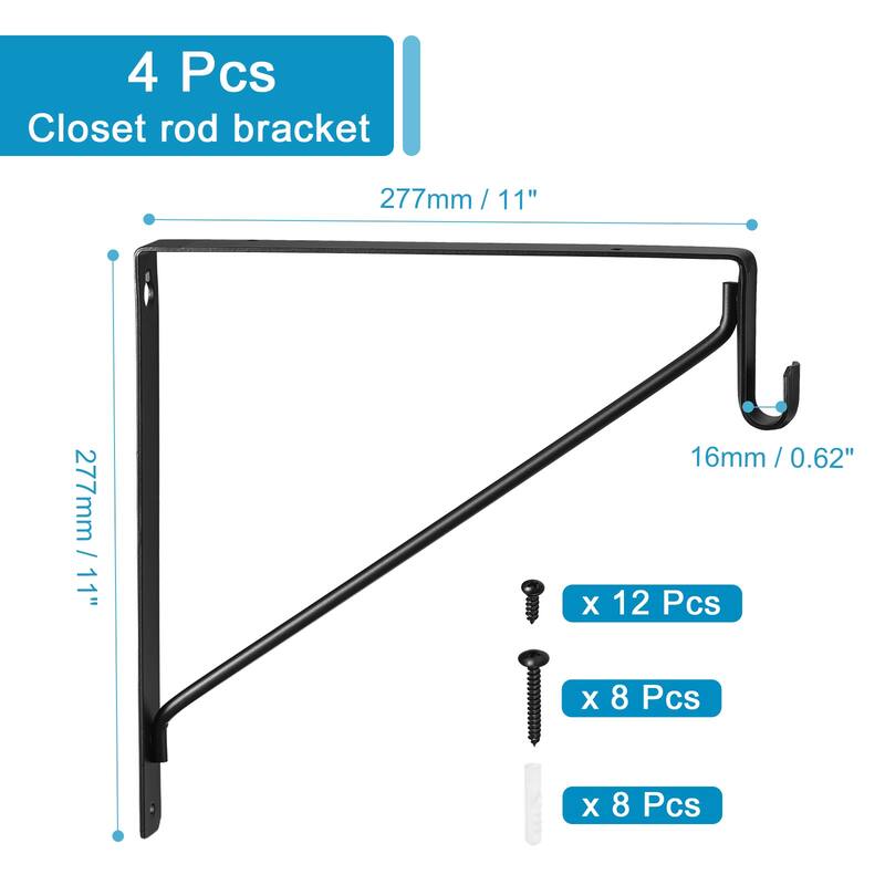 Closet Rod Brackets Holder 4Pcs, 11 x 11 Inch Closet Shelf Bracket - Black
