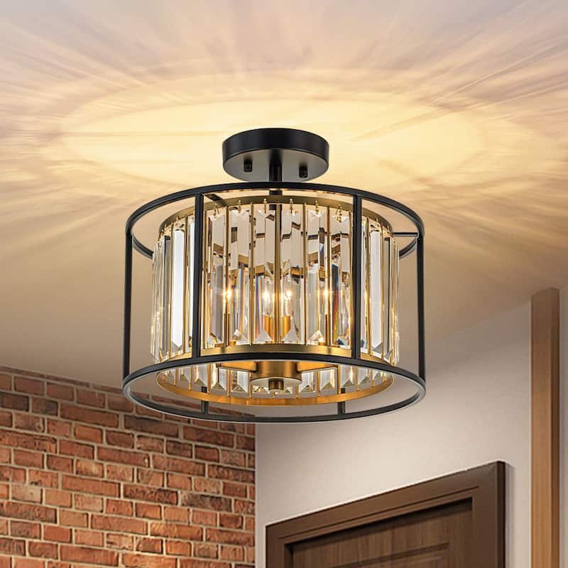 3-Light Crystal Black and Brass Drum Semi-flush Ceiling Light - 14.0in