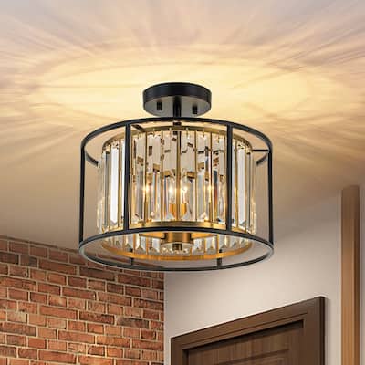 3-Light Crystal Black and Brass Drum Semi-flush Ceiling Light - 14.0in
