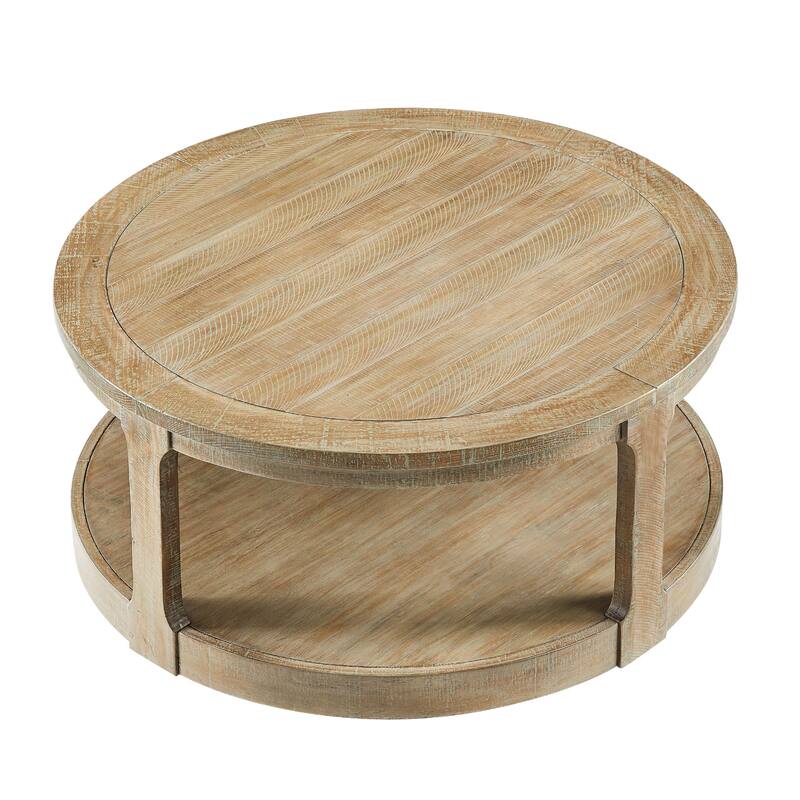 Mid-Century Rustic Style 40inch Large Curved 2 Tier Round Circle Wooden Center Coffee Table