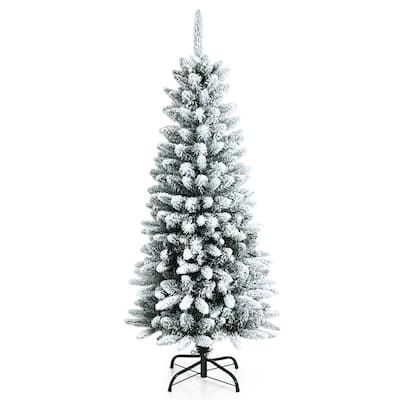 4.5ft Snow-Flocked Hinged Artificial Christmas Pencil Tree w/ 373 - See details