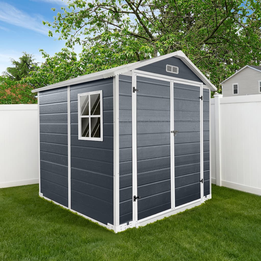 Roomfitters 6x6ft Plastic Storage Shed Outdoor Backyard Resin Garden House Double Door Lockable Tool Box Vents, Grey