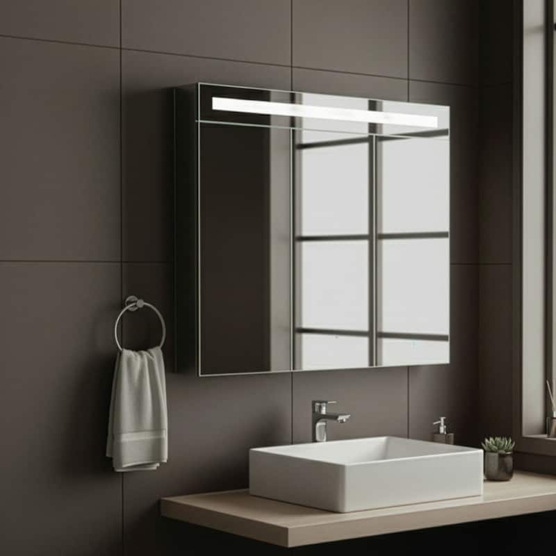 Bathroom Medicine Cabinet, Aluminum, Recessed/Surface Mount, Mirrored Interior w/LED - 36 x 30 - Left Hand