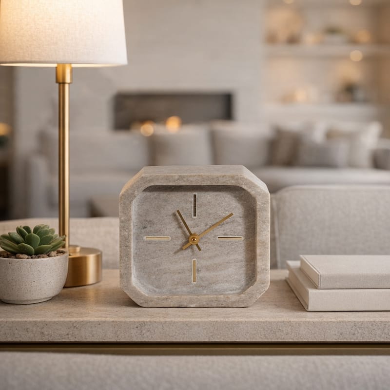Modern Marble Octagon Decorative Table Clock - 6.0" - Brown/ Gold