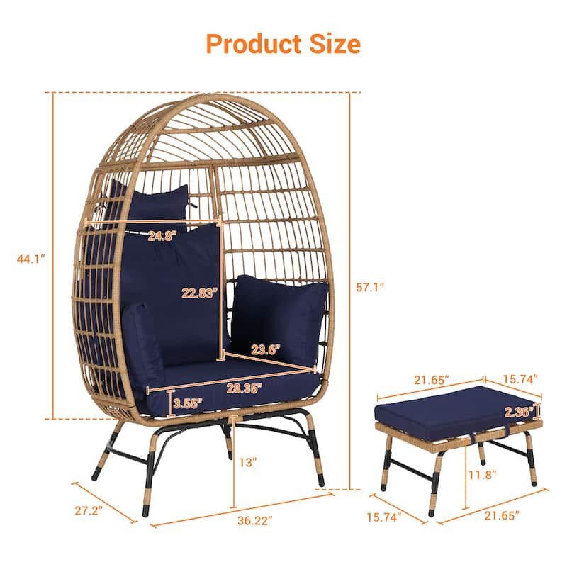 GDFStudio - Serena Oversized Egg Chair with Ottoman and Thick Cushions for Relaxing Indoor and Outdoor Lounging