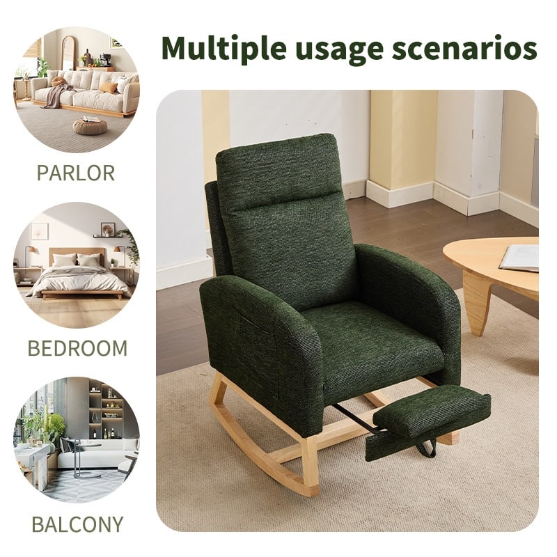 Rocking Chair with Solid Wood Legs, Upholstered Glider Rocker with High Back, Lounge Armchair with Side Pocket