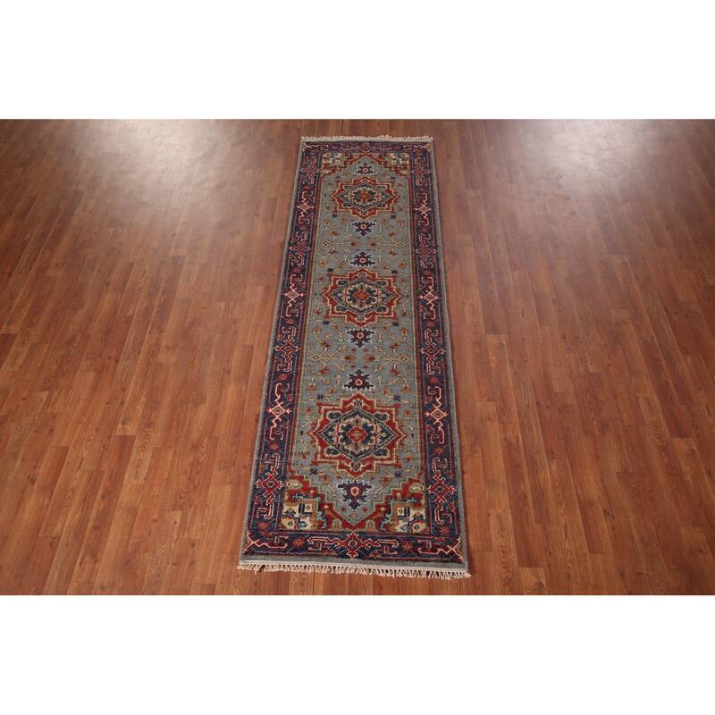 Blue Gray Heriz Serapi Oriental Runner Rug Hand-Knotted Wool Carpet - 2'7"x 8'0"