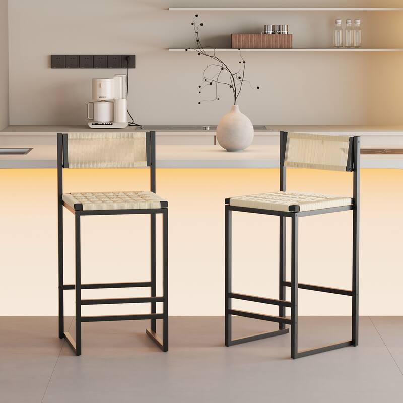 Set of 2 Paper Rope Woven Bar Stools with Backrest, Dining Chairs for Kitchen Island - Black & Creamy White