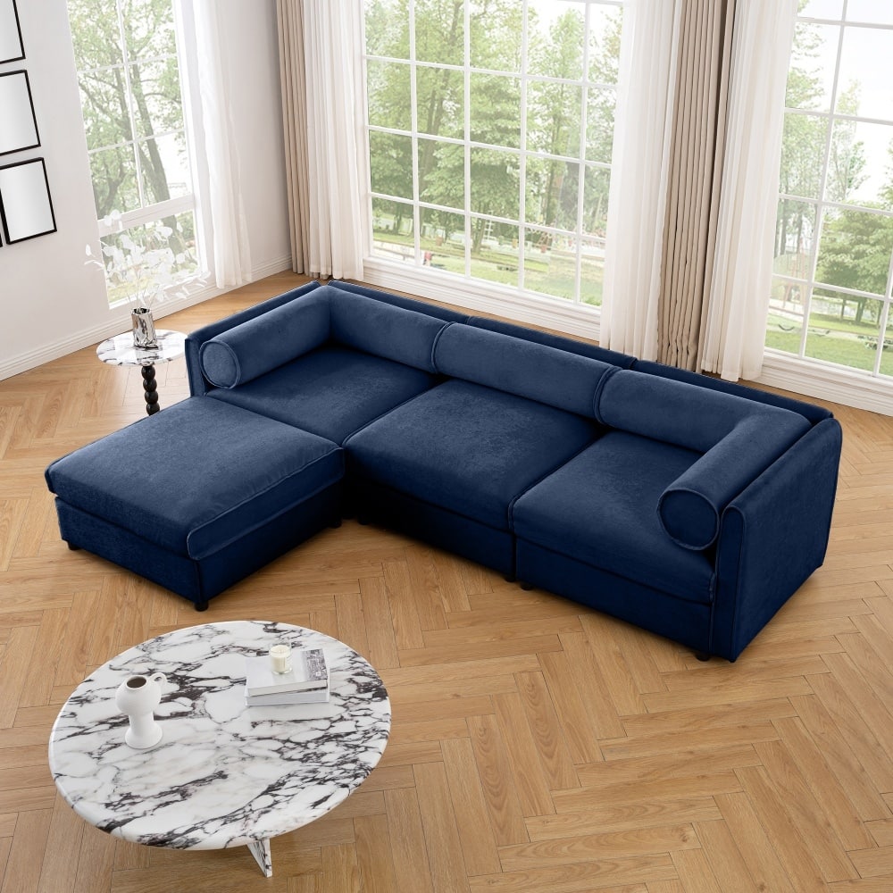 Contemporary L-shaped Chenille Sectional Sofa with Storage Seats and Ottoman
