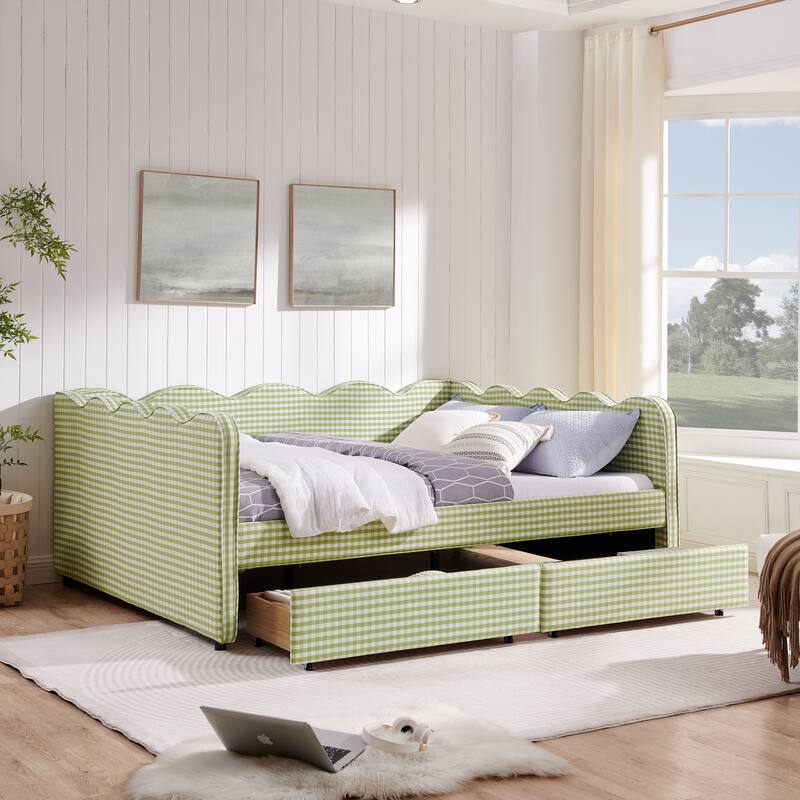 Full/Queen Gingham Daybed with 2 Storage Drawers, USB Port & Wave Shaped Linen Fabric