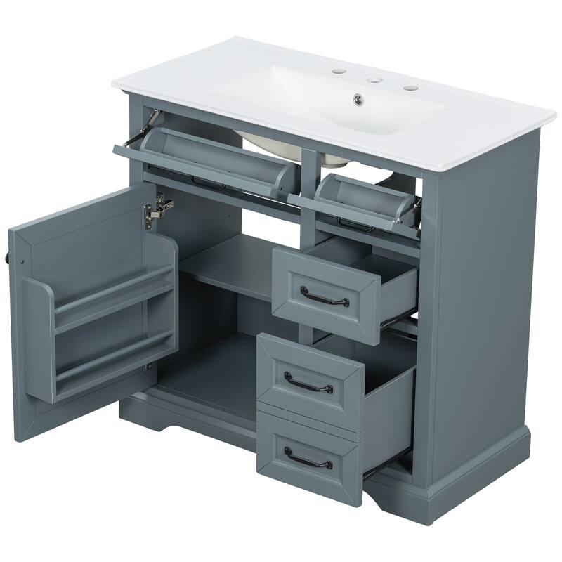 Roomfitters 36" Bathroom Vanity with Ceramic Sink, 2 Tip-out Drawers and Smart Storage Organizer