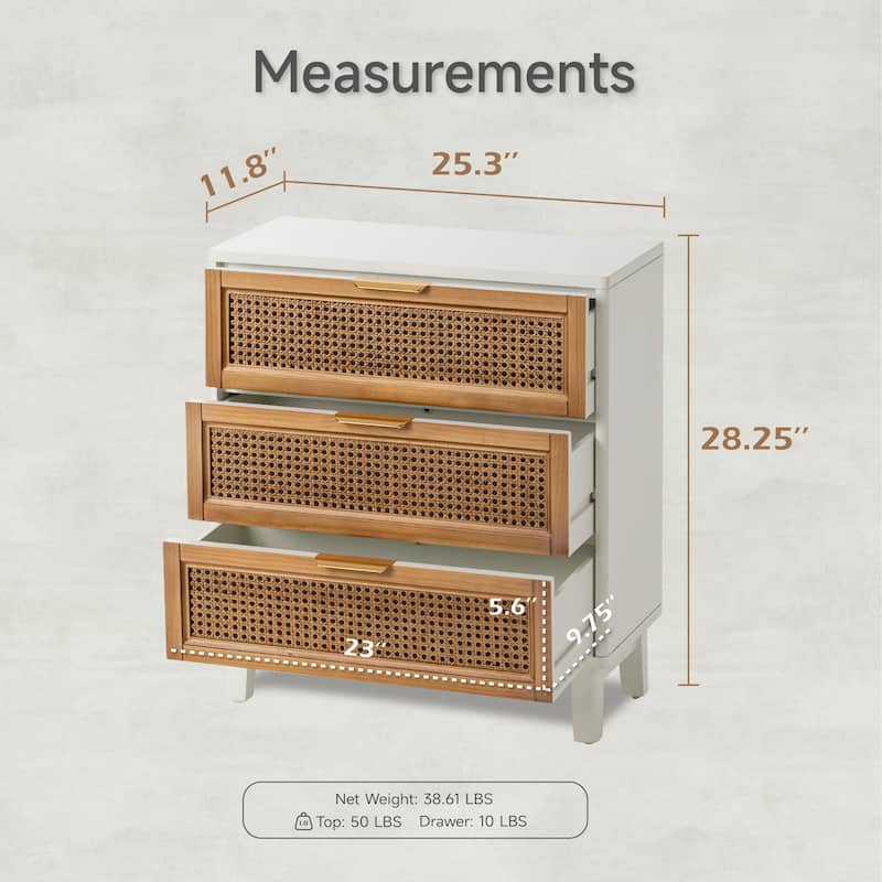 COZAYH Farmhouse 3-Drawer Nightstand, Rattan Cane Front Accent Dresser for Living Room, Bedroom