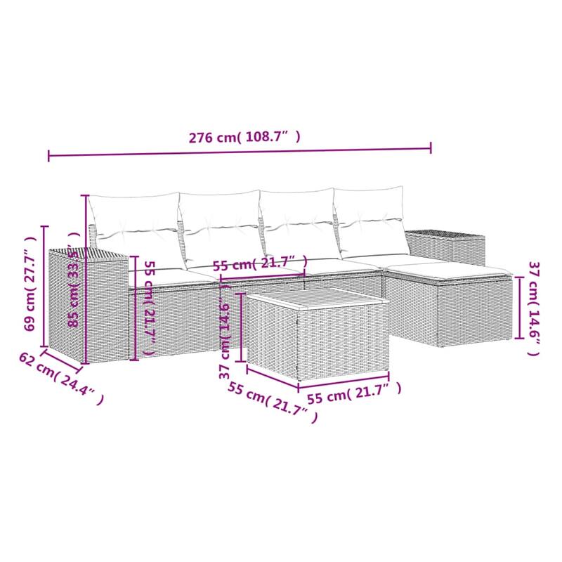 vidaXL Patio Sofa Set with Cushions Outdoor Furniture 6 Piece Poly Rattan - 21.7x 24.4x 27.2