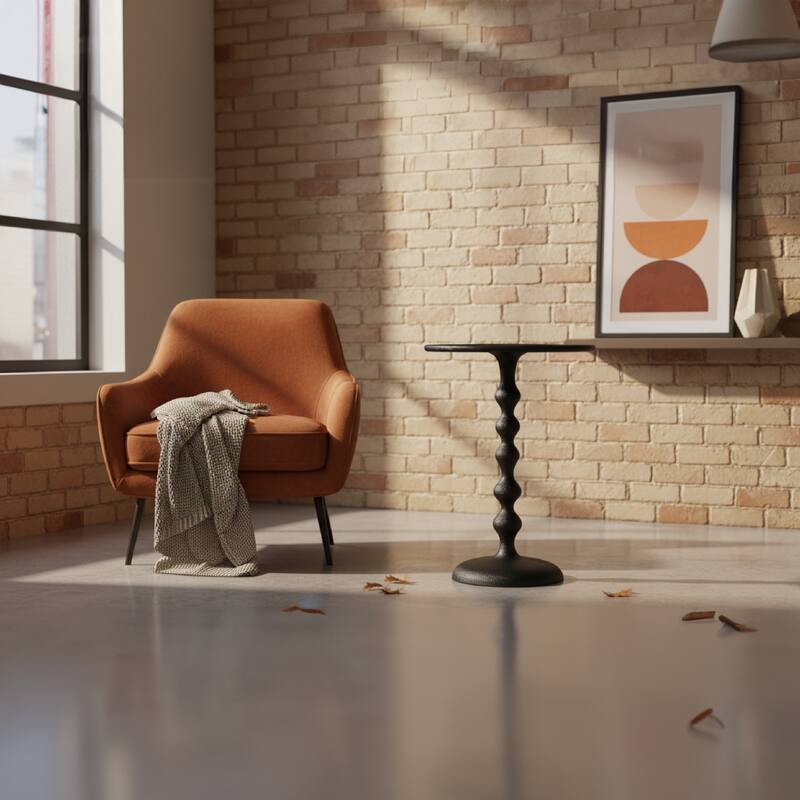 Shae 22 Inch Round Side End Table - Matte Black Aluminum Cast, Hammered Texture, Turned Pedestal Post