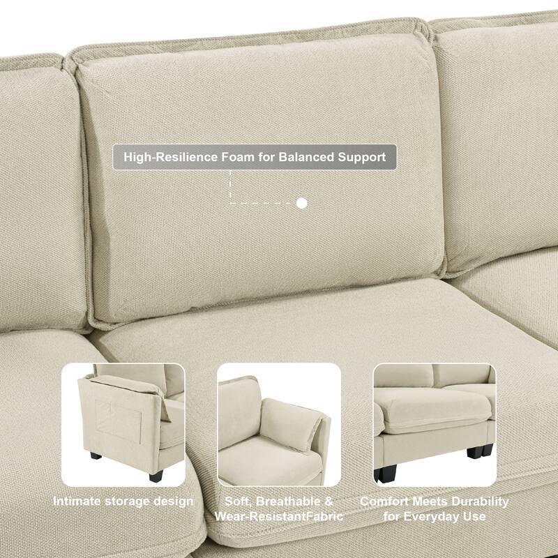 93-Inch L-Shaped Sofa with Cotton-Linen Fabric, 3-Seater Sectional with Detachable Storage Armrest Cushion