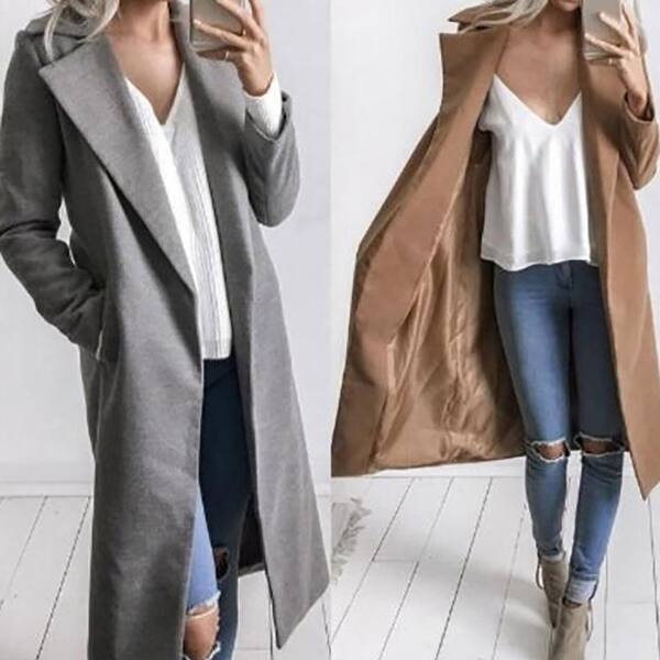 Shop Lady Warm Solid Color Wool Lapel Long Jacket Trench Coat