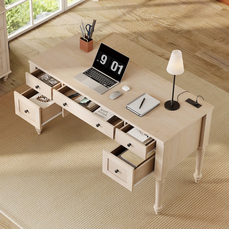56'' Farmhouse Executive Desk with Drawers White/Oak - 5 Drawers and 2 Doors