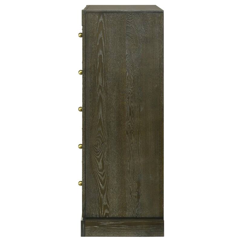 Seon Tall Dresser Chest, 5 Drawers with Brass Knobs, Dark Cocoa Brown