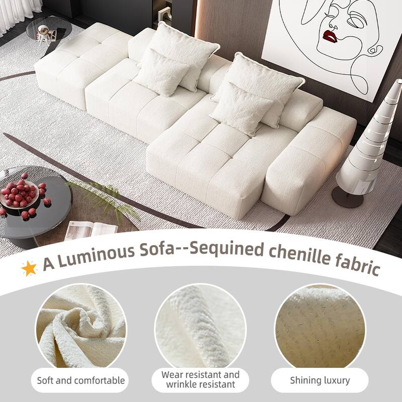 Oversized Modular Chenille Sectional Sofa with Ottoman, Chaise Lounge, 1 Armrest and 4 Pillows for Living Room