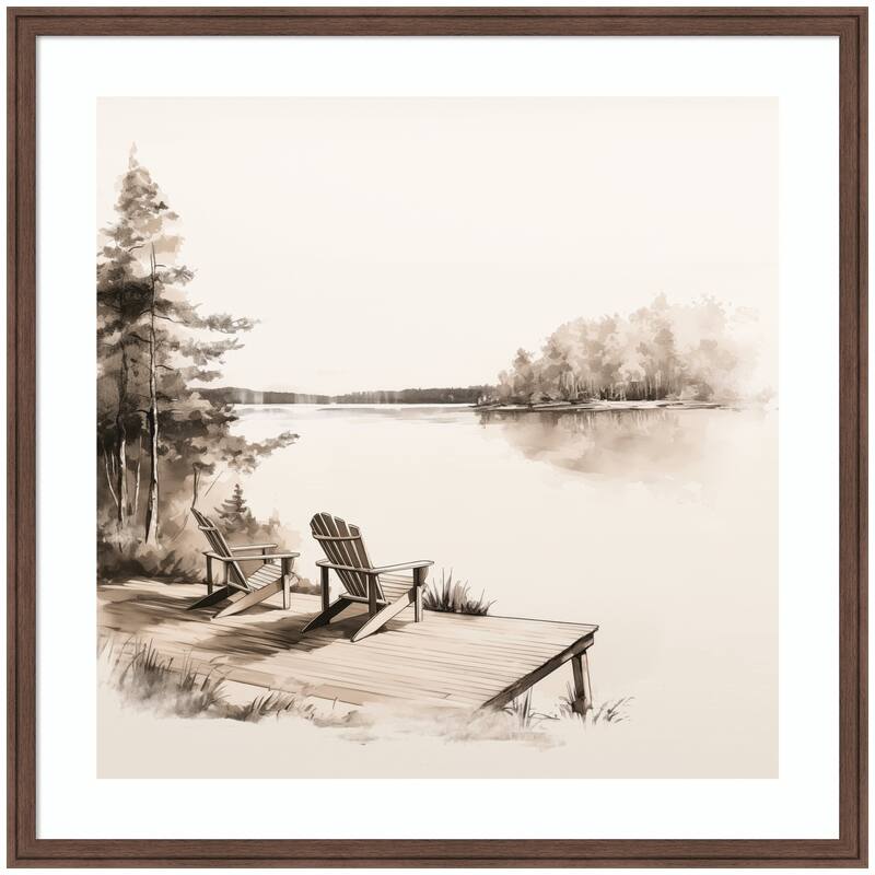 Kate and Laurel Abstract Sketch Of Adirondack Chairs On A Dock by The Creative Bunch Studio Framed Wall Art Print - 34 x 34 - Brown