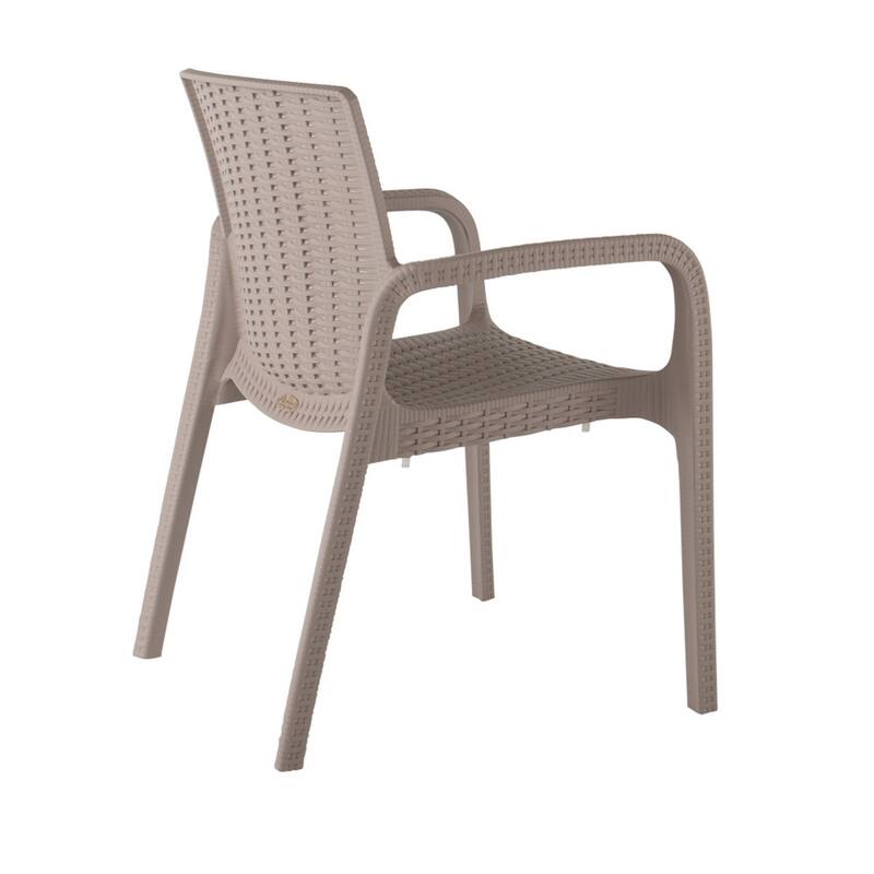 HomeRoots Set of Two Taupe Faux Rattan Heavy Duty Plastic Outdoor Stacking Arm Chairs