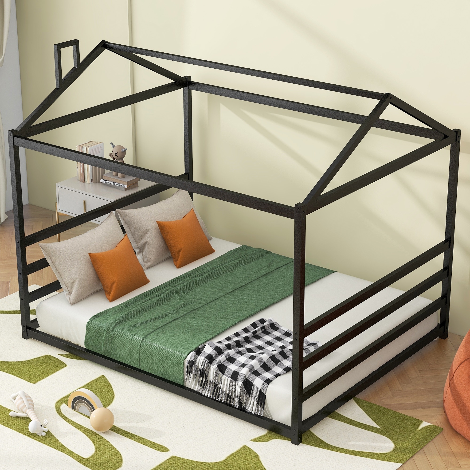 Queen Metal Frame House Shaped Platform Bed Black
