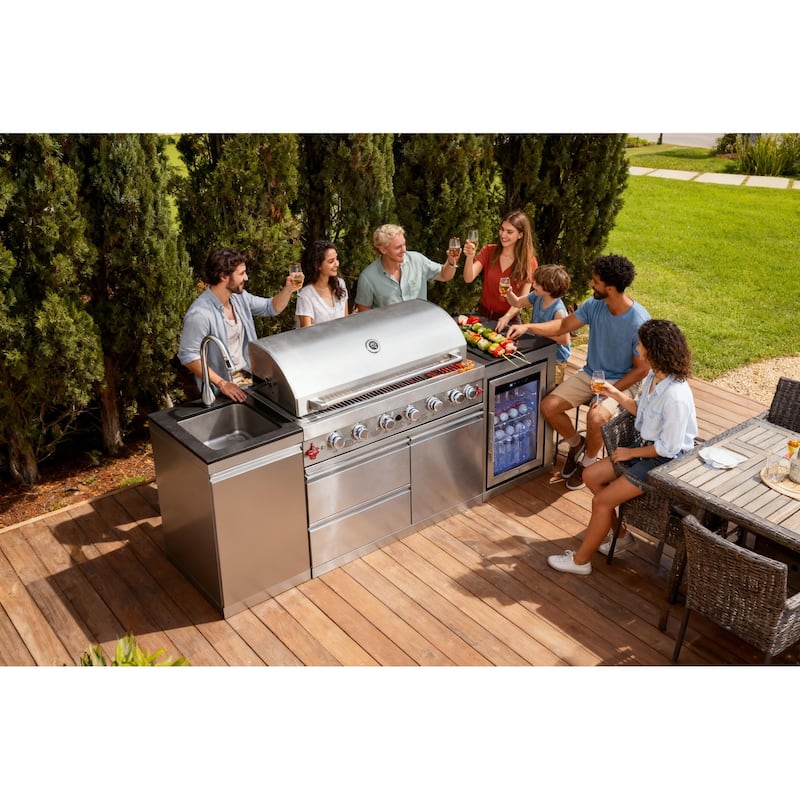 GDFStudio Kryvannon Stainless Steel Outdoor Kitchen Island Grill with 6 Burners and Compact Refrigerator
